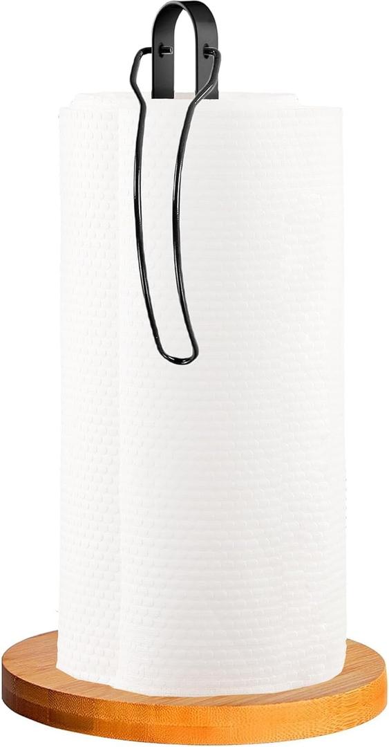 Wood Paper Towel Holder Countertop, TONLEA Kitchen Paper Towel Holder FreeStanding with Fixer for Kitchen and Bathroom Organization, Kitchen Roll Holder for Standard and Large Rolls (Black)