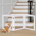 LZRS 3-Panel Freestanding Foldable Wooden Dog Gate –Solid Wood & Steel Wire Chew-Resistant Indoor Safety Pet Fence for Doorways & Stairs, Ideal for Small to Medium Dogs & Puppies, White