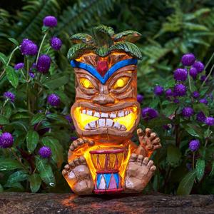 Outdoor Tiki Statue Decoration-Solar Power Light Tiki Garden Statues-Tiki Bar Decor Totem Pole Waterproof Figurines for Garden,Patio,Balcony,Yard,Lawn Ornament,10.43 Inch Tall