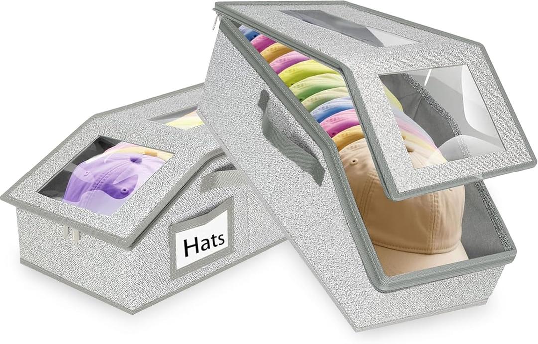 Hat Organizer for Baseball Caps,2PCS Stackable Hat Storage Box with Clear Window Lid, Space-Saving Box for Closet (Gray)