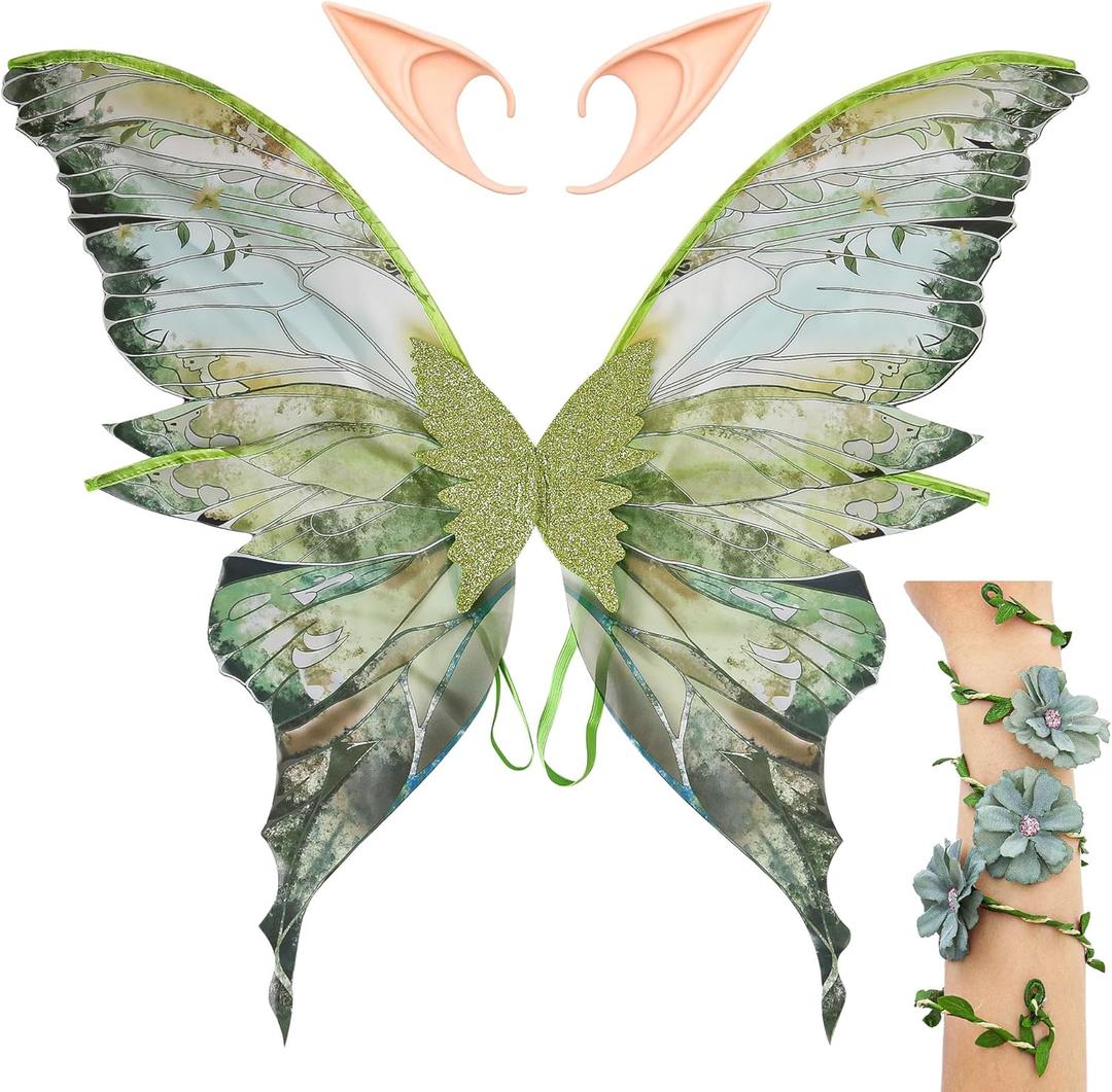 Fairy Wings Costume Set for Adults - Cosplay Accessories Butterfly Wings with Elf Ears, Fairy Flower Arm Wrap for Halloween (Green)
