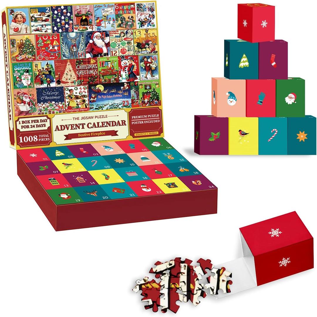 Lihome Advent Calendar Puzzle for Adults 2025, 1008-Piece Christmas Countdown Jigsaw Puzzle, 24 Boxes for Family Christmas Game