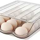MesRosa Egg Holder for Fridge, Automatically Rolling Egg Storage Container for Refrigerator,Large Capacity Egg Organizer for Fridge with Lid,Clear Plastic Dispenser, Tray & Bin -1 Layer
