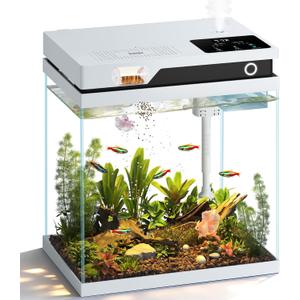 Vehipa Fish Tank, Smart Fish Aquarium Kit 4.2 Gallon | with Auto Feeder, 4-in-1 Silent Pump, Adjustable Lighting, Temperature Display & Humidifier for Desktop, Office, Room