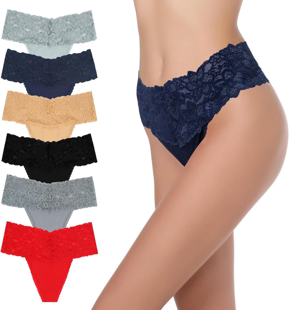 GAREDOB High Waisted Thong Underwear Tummy Control Plus Size Panties Cotton Lace Multicolor-Dark Size 4XL Pack-6