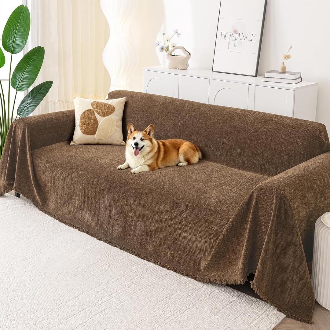 Smiry Couch Cover for Dogs, Washable Chenille Sofa Covers for 3 Cushion Couch, Soft Sofa Slipcover for Pets, Thick Sectional Furniture Protector with Tassels (Chocolate, 88.5x118 Inch)