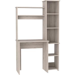 Tuhome Versailles Writing Desk with Integrated Bookcase 2 Upper Display Shelves & 5Tier Side Storage,SpaceSaving Office Computer Table, Sturdy Particleboard Construction, Easy Assembly,Gray Finish (Light Grey)