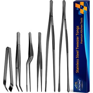 JETKONG 6 Pcs Cooking Tweezer Tongs, 12'' and 6.3" Stainless Steel Kitchen Tweezer Set, Professional Chef Tweezers for Cooking, Repairing, Sea Food, BBQ, Multi-use (Black)