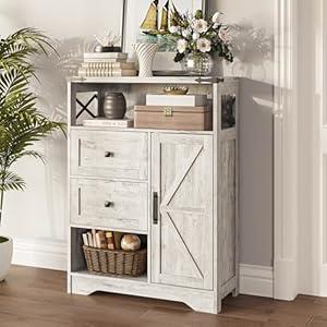 Fameill Farmhouse Storage Cabinet with 2 Drawers&Shelves, Freestanding Storage Cabinet with Doors&Open Storage, Floor Storage Cabinet for Living Room, Bathroom, Kitchen, Laundry, Light Rustic Oak