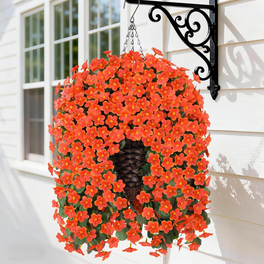 HyeFlora Artificial Fake Hanging Flowers Plants Baskets for Winter Christmas Outdoor Outside, Faux Silk Orange Daisy in Planter UV Resistant Orchid for Home Porch Garden Yard Patio Decor