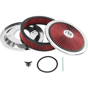 High Flow 14"x3" Round Air Cleaner filter Kit Compatible with GMC Chevy Ford Chrysler Dodge V8 with Flow-Thru Lid Caburetor 5-1/8" Carb Neck Red Chrome