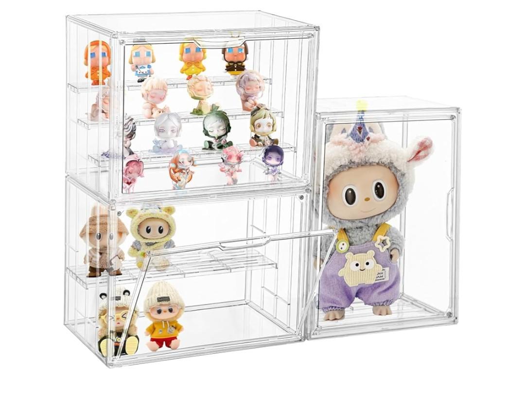 Attelite Acrylic Display Case Compatible with POP MART Labubu Display Case, 4 Tier Figure Clear Cases for Collectibles with 3 Adjustable Divider, 3 Pack Large Storage Box with Magnetic Door