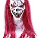 Scary Clown Mask Horror Devil Mask with Long Hair Halloween Cosplay Red Wig Creepy Masquerade Party Accessories
