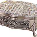 Luxury Crystal Metal Vintage Decorative Jewelry Box  Rhinestone Elegant Alloy Jewelry Case Organizer Holder Storage for Earrings, Bracelets, and Accessories (Silver)
