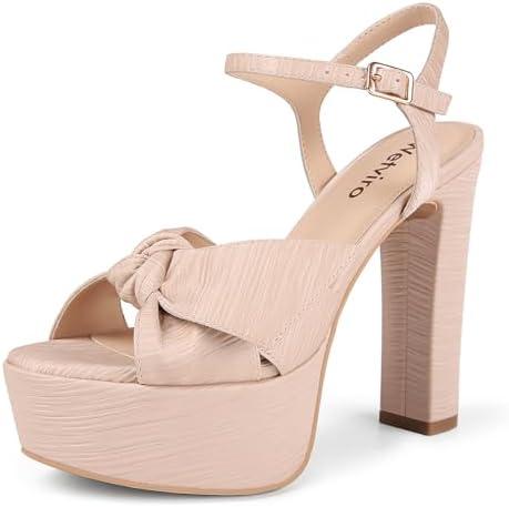 Wetviro Black Platform Heel Sandals for Women 5.1 Inch Chunky Block High Heel Womens Open Toe with Bow Ankle Strap Wedding Party Dress Sandals 7.5