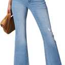 Sidefeel Women's Bell Bottom Flare Jeans High Waisted Stretchy Ripped Distressed Raw Hem Denim Pants with Pockets (Blue)