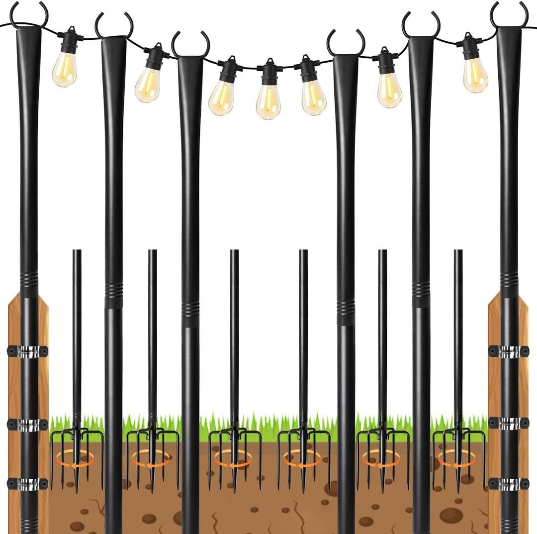 6 Pack String Light Poles for Outside, 10ft Heavy-Duty Metal Light Poles for Outdoor String Lights with Fork, Adjustable Lighting Stand for Patio Decor Backyard Pergola Garden Deck Porch Decorations