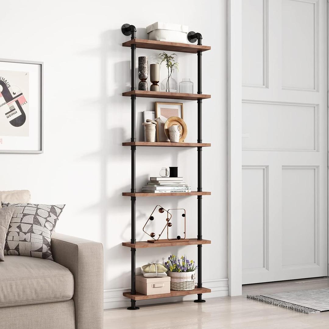 Industrial Pipe Bookshelves Rustic Wood Ladder Bookshelf, Industrial Pipe Shelf for Living Room Decor and Storage,Bookcase(Only One Shelf), 6 tier