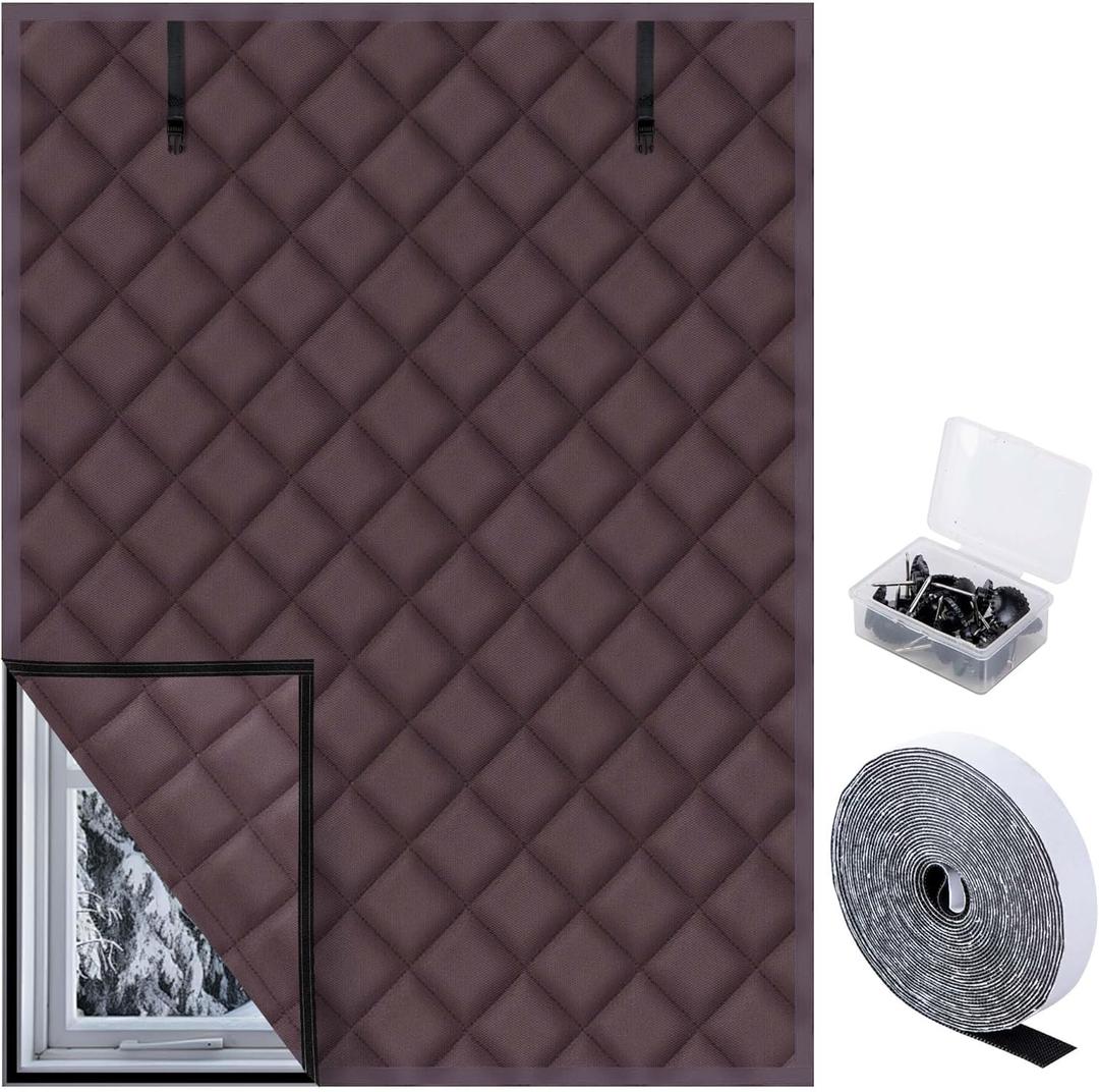 Nkiy Quen 3 Layer 63 x 47 Inch Winter Insulated Window Cover,Oxford Thermal Insulated Window Blanket with Fastener,Brownish Red Window Insulation Kit for Winter Keeping Warm