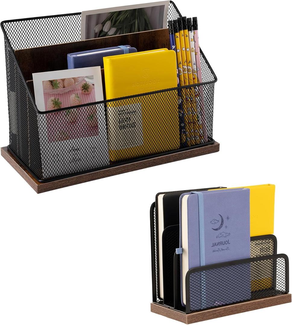 3-Tier Vertical File Storage with Retro Wooden Desk Mail Organizer and Metal Mesh Desktop Organizer for Home Office (M2)