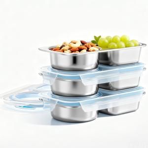 Bakpoco 3 Packs Stainless Steel Snack Containers For Kids Adults, 2 Compartment Reusable Metal Snack Boxes With Leak-Proof Lids, Compact Lunch Food Storage Container