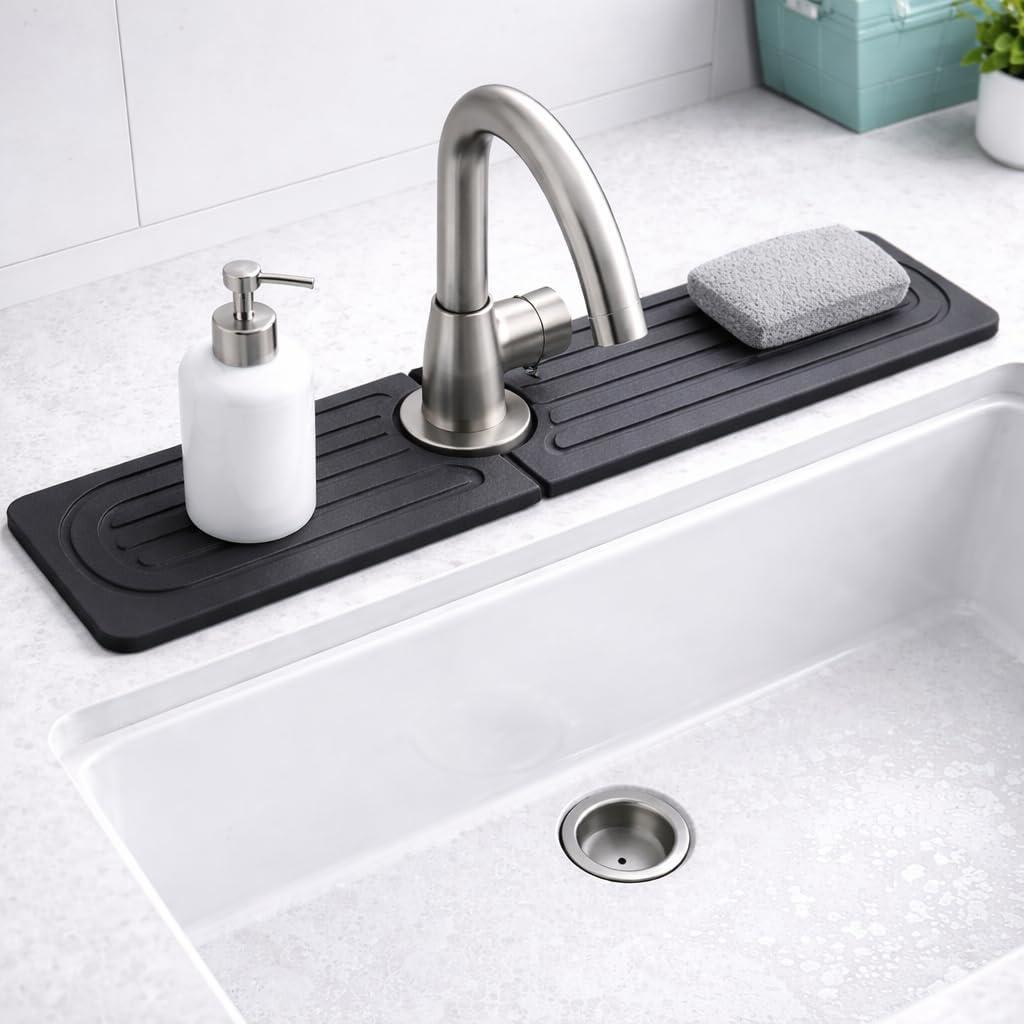 Diatomite Faucet Mat for Kitchen Sink, Fast Dry Stone Sink Splash Guard, Water Absorbing Faucet Tray (20 x 4) Fits Standard Faucets, Please Measure Sink & Faucet Before Purchase