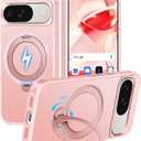 HuwaiH 360 Rotatable Magnetic Ring Stand for Google Pixel 9/9 Pro/10/10 Pro Case, Compatible with MagSafe, Military-Grade Shockproof, Anti-Scratch Matte Translucent Phone Case(Pink)