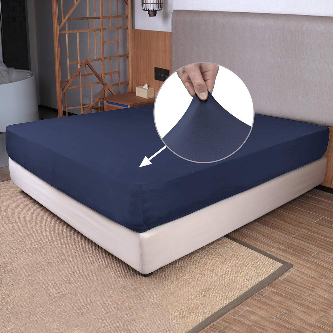 King Size Fitted Sheet Only - 4-Way Stretch Knit, Snug Fit, Wrinkle Free & Stay in Place, No More Slipping Off for Mattress, Soft & Comfortable - Navy Blue, King (King/Short King/Cal King/Olympic Queen)