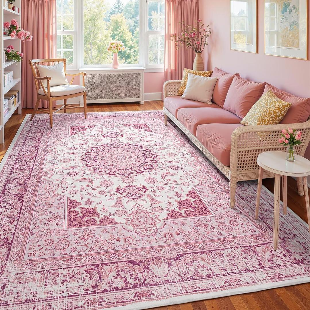Bright Pink Area Rug for Living Room, 6x9 Machine Washable Rugs with Non-Slip Backing for Girls Bedroom, Large Vintage Carpet for Kitchen Laundry Kids Room