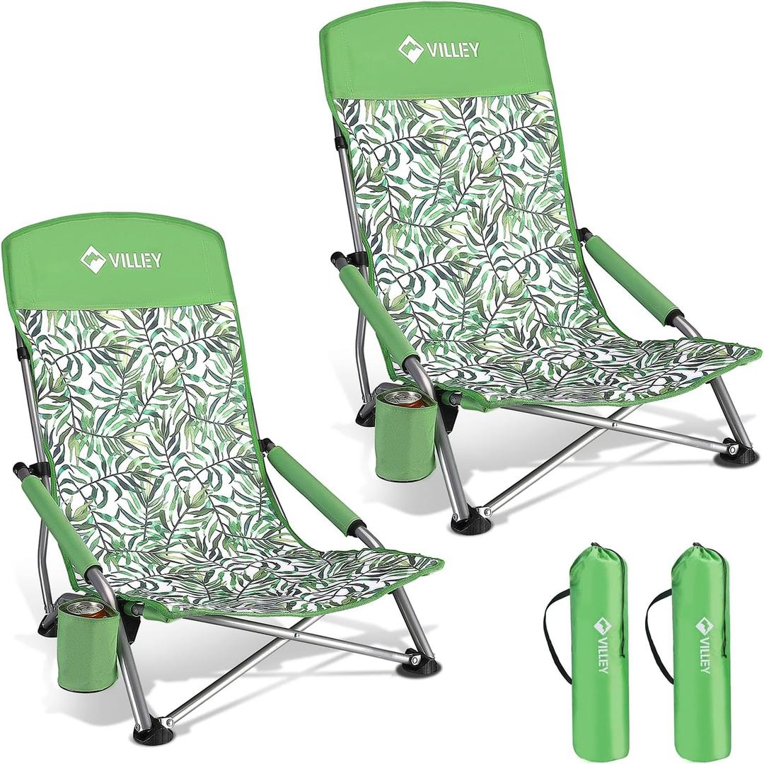 VILLEY Low Beach Chairs for Adults 2 Pack, High Back Folding Chairs, Lightweight and Portable for Outdoor, Camping, Lawn, with Cup Holder and Carry Bag - Green Tropical Leaves, 26.4 inches x 22.4 inches x 31.5 inches