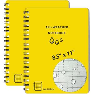 2PCS Large Waterproof Spiral Notebooks 8.5x11 Inch with Waterproof Stone Paper and Hard Cover, Grid Pattern, 100 Pages Per Weatherproof Notepad A4 Size for Outdoor Field (8.5" x 11", Yellow)
