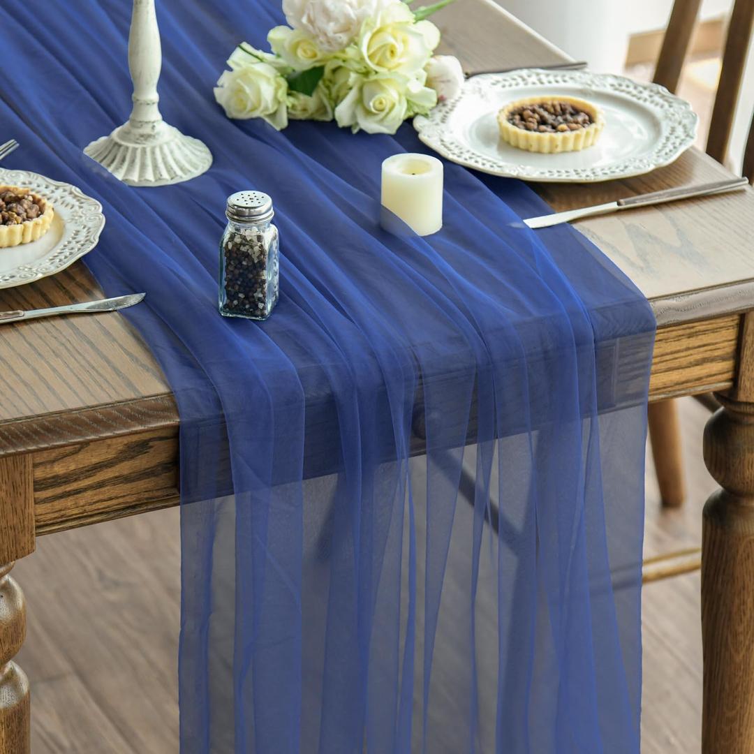 Artoid Mode Navy Blue Gauze Table Runner 120 Inch 10FT, Seasonal Sheer Kitchen Dining Holiday Wedding Birthday Baby Shower Table Decor for Home Party (59" x 120")