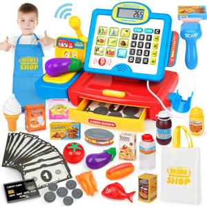 Cash Register Toy for Kids with Real Calculator, Cashier Register with Scanner/Weighter/Credit Card/ Play Money/ Food/Microphone, Pretend Play Store with Apron and Shopping Bag for Kids 3 4 5 6 7