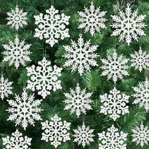 24PCS Snowflake Ornaments, Christmas White Snowflakes Tree Decorations, Plastic Glitter Snow Flakes Decorating Hanging, Xmas Tree Ornaments Indoor Ceiling Fireplace Winter Wonderland Decor (Transparent)
