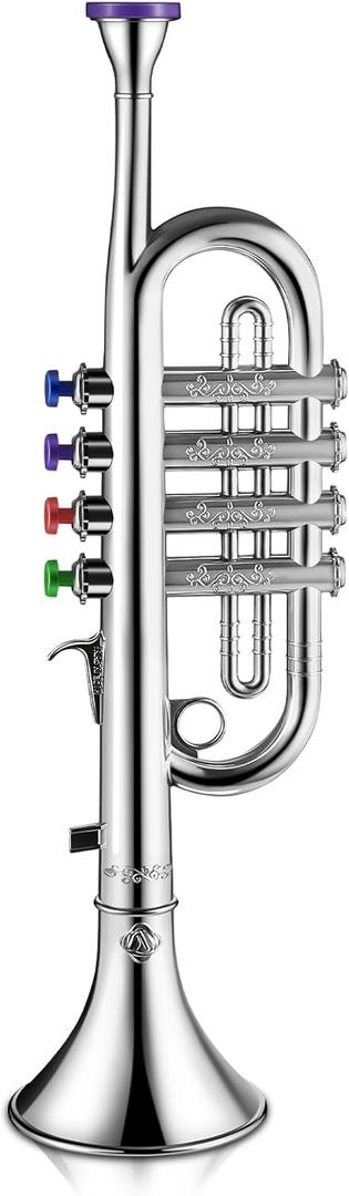 Lewtemi Silver Trumpet Musical Instruments Toy for Kid Toddler Fake Plastic Preschool Music Toy Gift Portable Wind Instrument Early Educational Teaching Songs Gifts for Toddlers Children