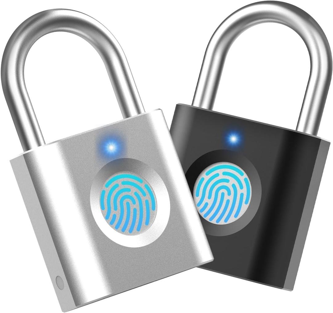 Smart Padlock Gym Lock: 2-Pack Silver & Black - Mini Fingerprint Padlock eLinkSmart Locker Lock with 20 Fingerprints Colourful Metal Keyless fits Luggage School Bag Toolbox Gym Locker