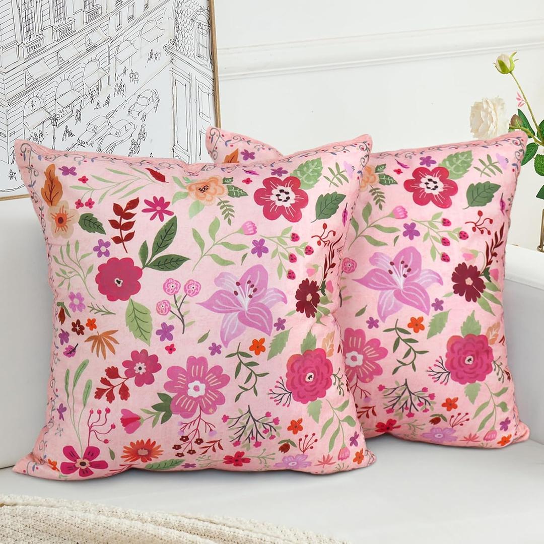 Floral Pillow Covers 18x18 Set of 2,Pink Farmhouse Floral Pillow Covers Decor Double Sided Pattern Cushion Cover Soft Pillow Case for Living Sofa Room Bed Porch Patio Square Pillow Cover
