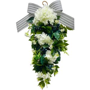 Floral Teardrop Swags All Season Lighted Teardrop Wreath with Timer(Steady and Flashing Modes) Artificial Blueberry White Hydrangea Eucalyptus Leaves and Bow Floral Arrangement for Door Wall Mantel