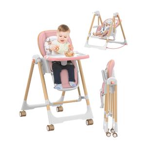 High Chairs for Babies and Toddlers, Baby Swings for Infants, Foldable High Chair with Wheels,5 Adjustable Height,4-Position Backrest, 3 Footrest Positions, Double Removable Tray (Pink)