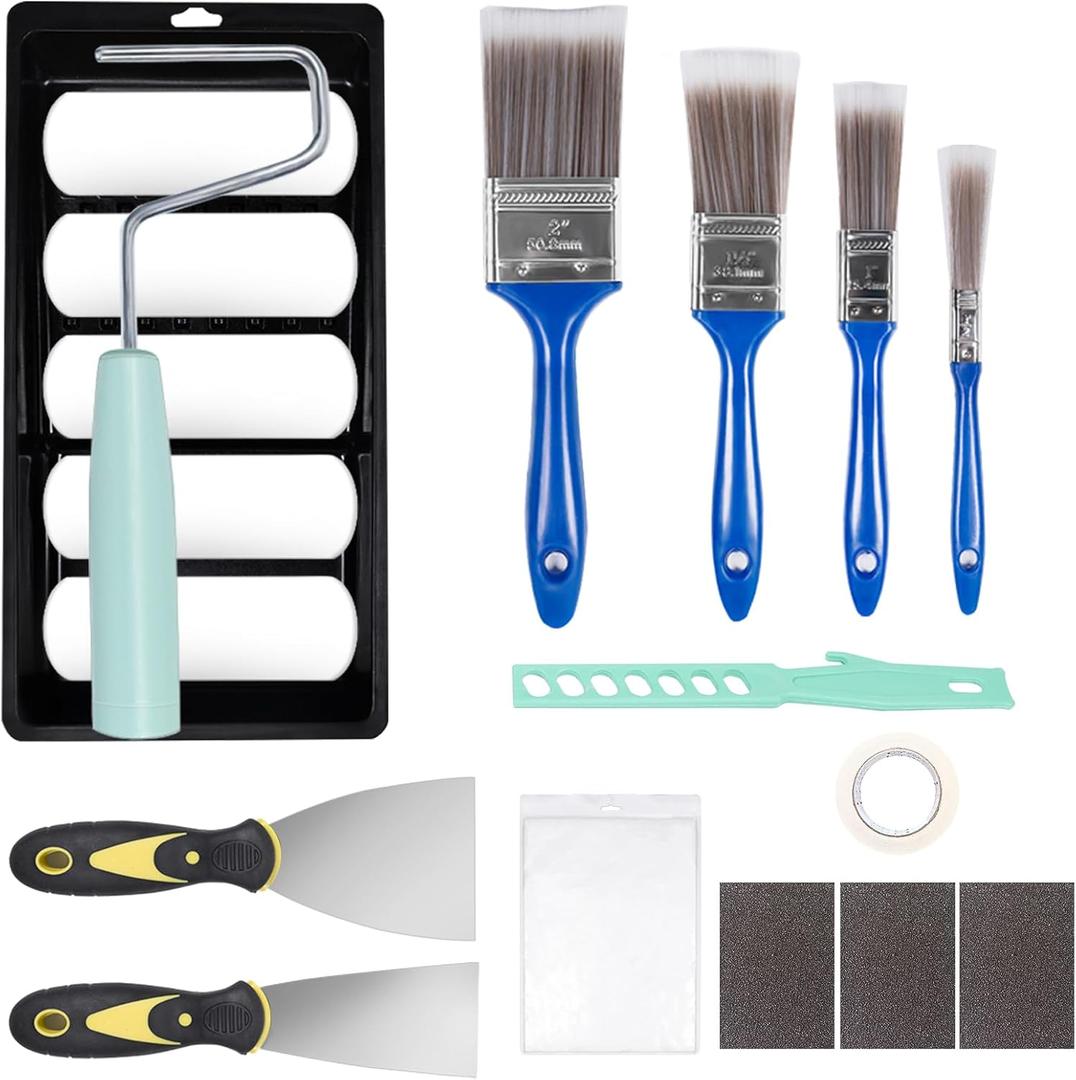 19 Piece Paint Roller Kit, 4 Inch Foam Small Paint Roller Paint Brushes Paint Trays Set, Wall Paint Supplies Kit Mini Rollers for Painting, Professional Paint Roller Brush Tray Set for House Painting