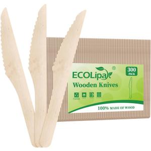 ECOLipak 300 Count Disposable Wooden Knives, Wooden Compostable Disposable Knives for Party, Camping, Traveling, Family Dinners