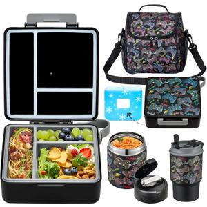 Bento Lunch Box for Kids with 17oz Soup Thermo,Insulated Tumbler Water Bottle and Insulated Lunch Bag,Leak-Proof 3 Compartment Lunch Food Container with Ice Pack for Kids to School-Game Console