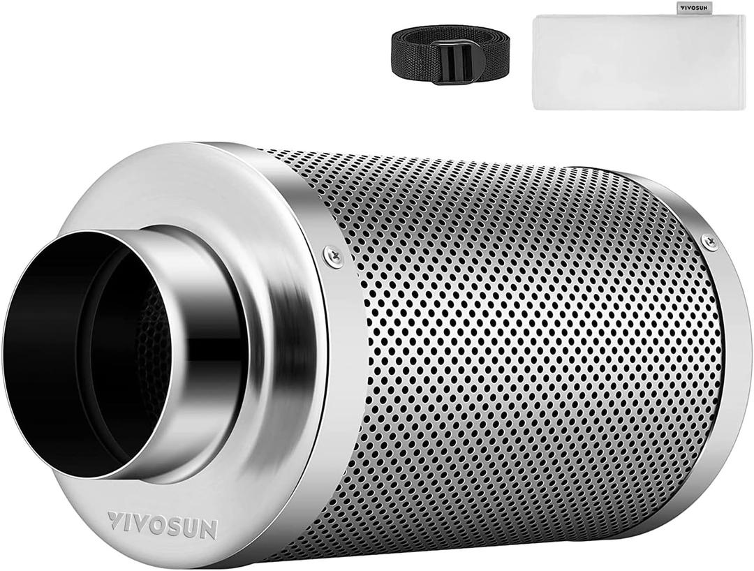VIVOSUN 4 Inch Air Carbon Filter Smellines Control with Australia Virgin Charcoal for Inline Duct Fan, Grow Tent, Pre-filter Included, Reversible Flange 4" x 12" (Silver)