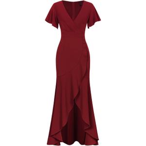 Women's Black Formal Fishtail Dresses Cocktail Wedding Guest Dress Short Sleeve Elegant V Neck Party Gowns (Red)