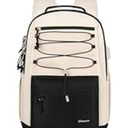 MOMUVO Classic Backpack for Women, Lightweight High School Bookbag for Teens Girls, Waterproof 15.6 Inch Laptop Bag with USB Charging Port for College Work Travel Trip, Black & Beige