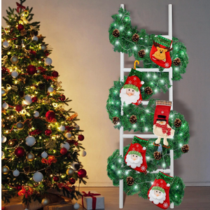Tigeen 59 Inch 3 Pack Lighted Christmas Stocking Holder Stand for Wall 10 Hook Wooden Christmas Ladder Stocking Hanger Artificial Garland Battery Operated Light for Xmas Holiday Party(Novel Style)