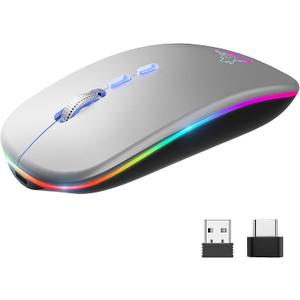 HOTLIFE LED Wireless Mouse, Slim Rechargeable Silent Bluetooth Mouse, Portable USB Optical 2.4G Wireless Bluetooth Two Mode Computer Mice with USB Receiver and Type C Adapter(Silver)
