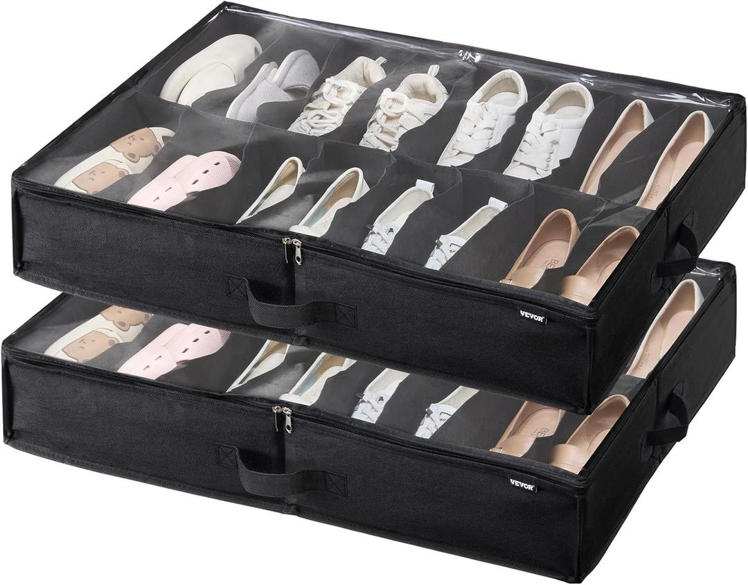 VEVOR Under Bed Shoe Storage Organizer, Set of 2, Total 32 Compartments, Underbed Shoes Closet Storage Solution with Clear Window, Breathable, Foldable Fabric Container Box with Reinforced Handles (Black)