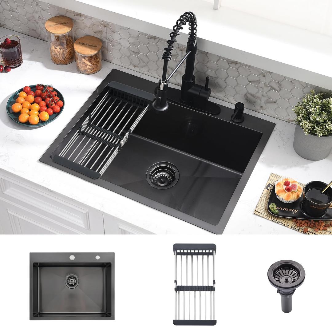 WHaor 25x22 Drop In Kitchen Sink Black Stainless Steel Single Bowl 9" Deep