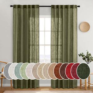 MIULEE Light Olive Green Linen Curtains 84 Inch Length 2 Panels for Bedroom Living Room, Soft Linen Textured Natural Window Drapes Semi Sheer Light Filtering Back Tab Rod Pocket Burlap Look Decor, 52"W x 84"L